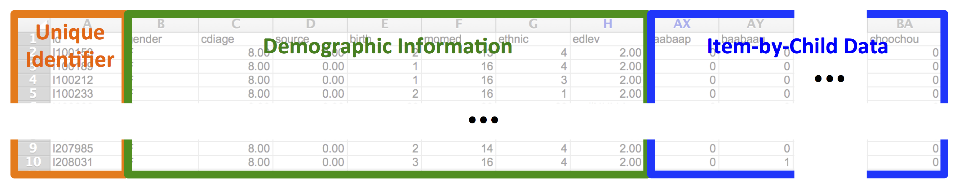 Example data from the CDI norming sample (Fenson et al., 2007). Each row has a unique child identifier, demographics, and word-by-word checklist data.